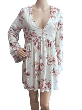 Altar'd State Cream Floral Print Boho Mini Dress Sz LG